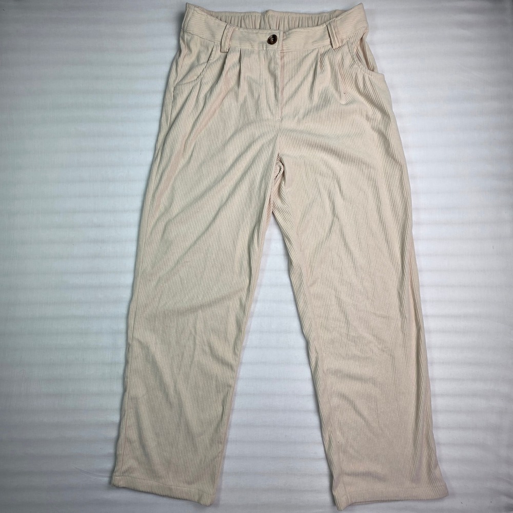Halara Women Cream Beige Corduroy High Waisted Pleated Straight Leg Pants Size M